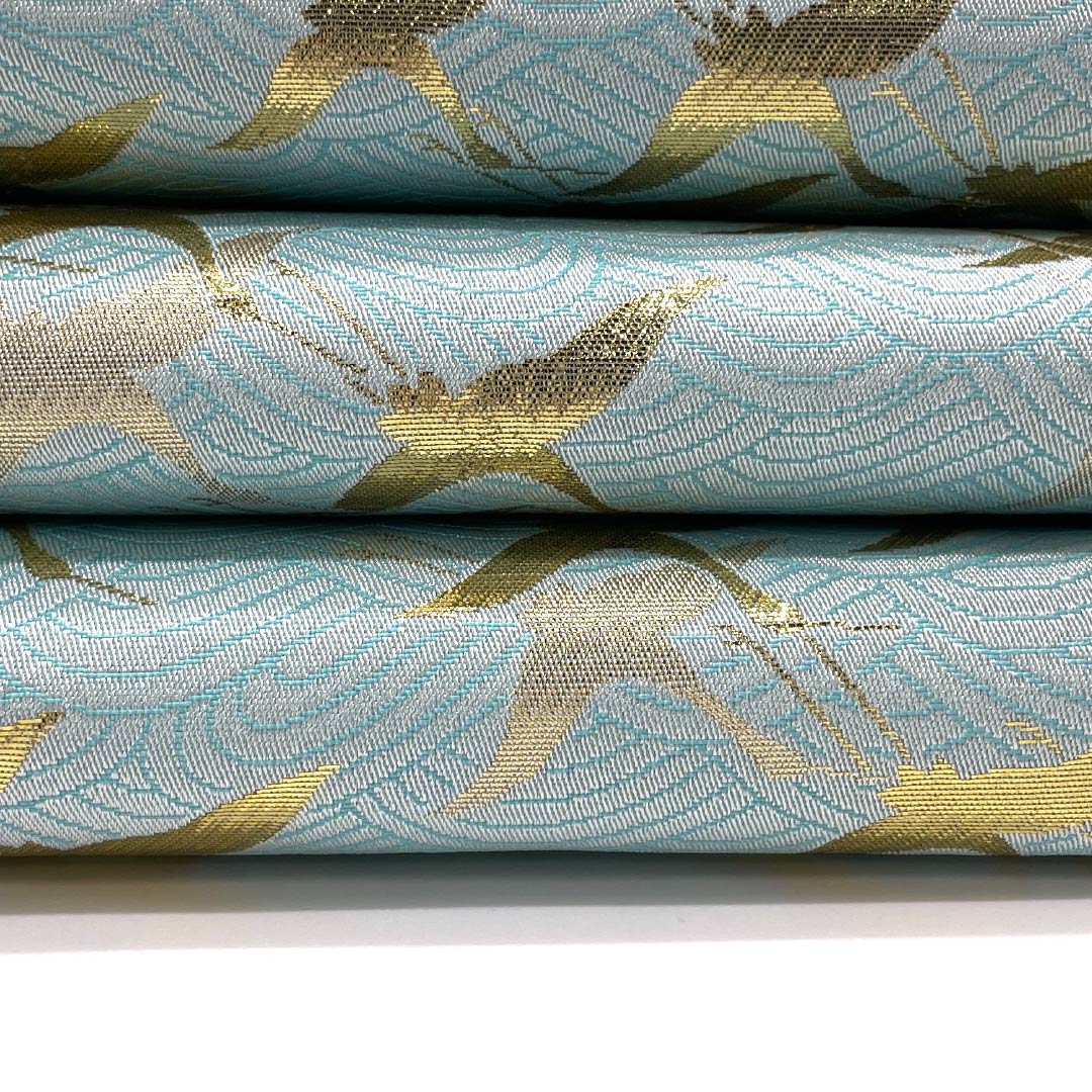Half-width obi (obi), polyester, Kamenozoki (bottle-peeping) color, crane, Seigaiha (wave pattern), bundled noshi (noshi) design, reversible, length 344cm, light blue, rank S, product number 1125002072324