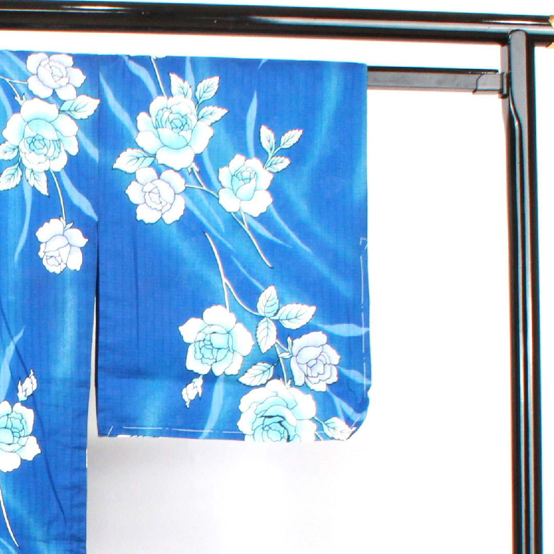 浴衣 しつけ糸付き 未使用品 瑠璃色 薔薇 木綿 Sランク 単衣 身丈164.5cm 裄丈65.5cm 青系 1118002932417