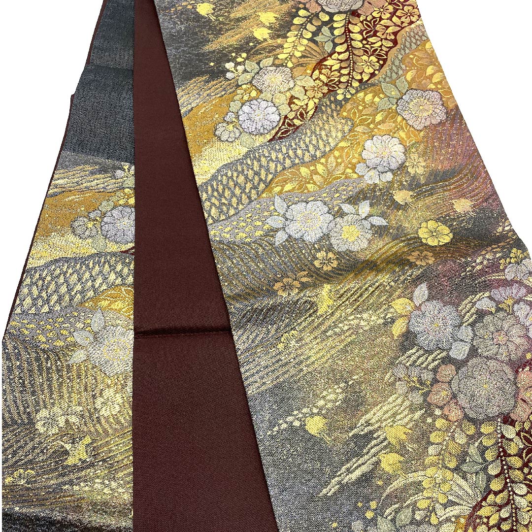 袋帯 熨斗目色（のしめいろ） 辻ヶ花 本金箔 プラチナ箔 帯丈424cm 正絹 Sランク 六通 フォーマル グレー系 1123005782322