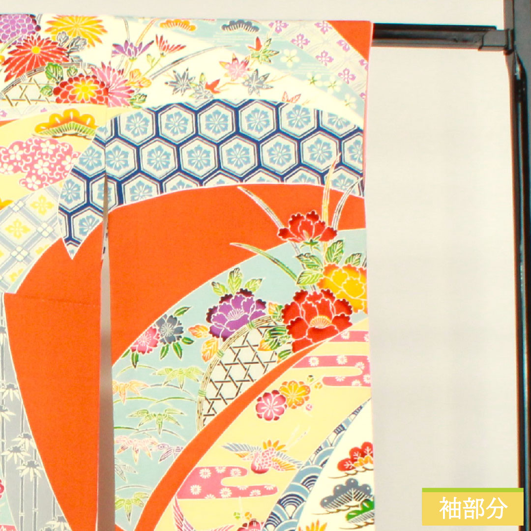 振袖 正絹 身丈151cm 裄丈62cm 袷  黄丹色 京紅型 吉祥文様  Aランク 橙系 1113001913226