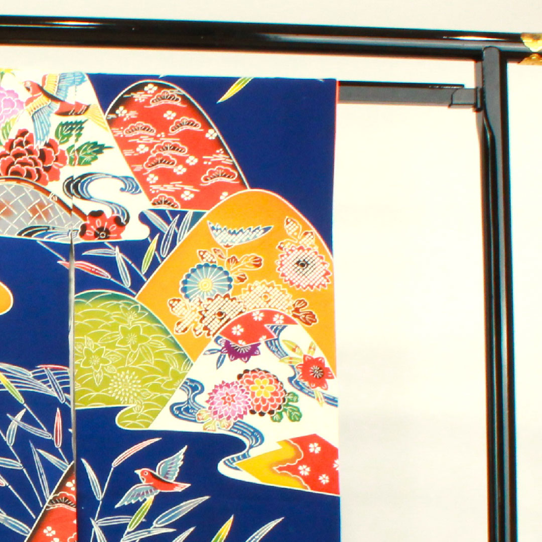 振袖 身丈160cm 裄丈65cm 袷  瑠璃色 京紅型 吉祥文様  正絹 Aランク 紺系 1113001753418