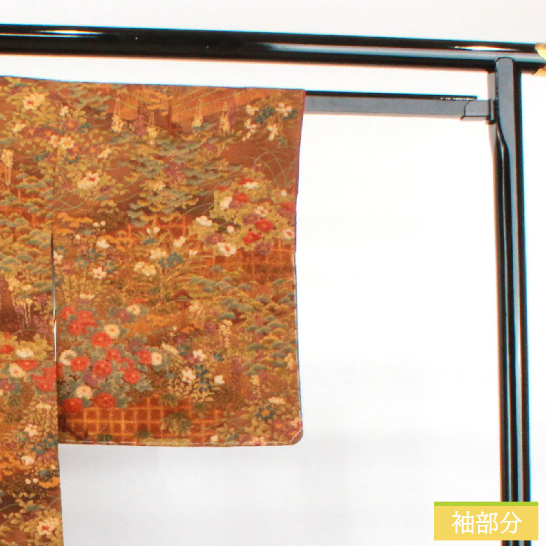 小紋 正絹 身丈140cm 裄丈60.5cm 袷  濃茶色 草花模様 しつけ糸付き 未使用品  Sランク 茶系 1115003732114