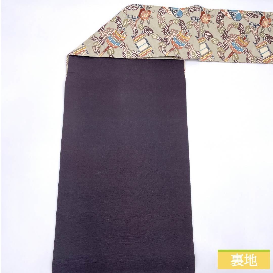 Nagoya Obi, Pure Silk, Grade A, Sobakiri (Soba-kiri Color), Stencil Dyed with Bingata-inspired Abstract Floral Design, Length 340cm, Six-fold, Casual, Gray, Product Number 1124010443322, Nagoya Style
