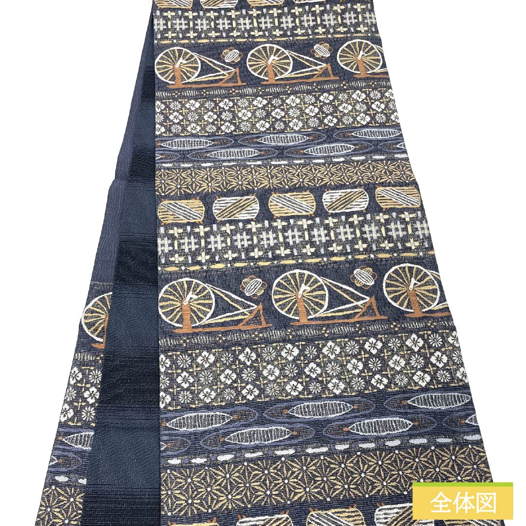 Fukuro Obi, pure silk, dark blue, woven, thread wrapped, floral pattern, obi length 440cm, S rank, six-pass, casual, gray, 1123013022322