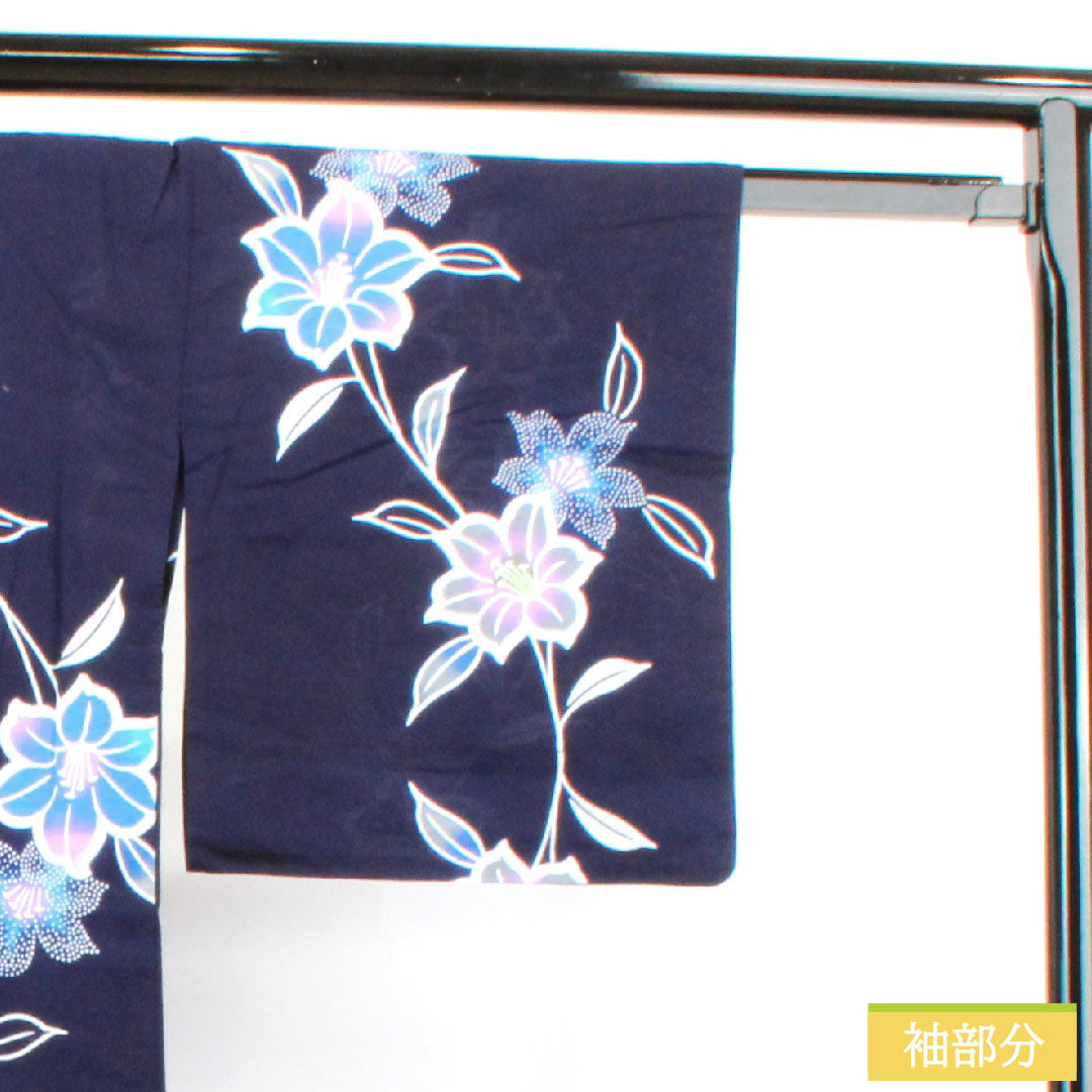 Yukata Cotton Length 153.5cm Sleeve length 67.5cm S rank Single layer Navy blue Camellia 1118004802218