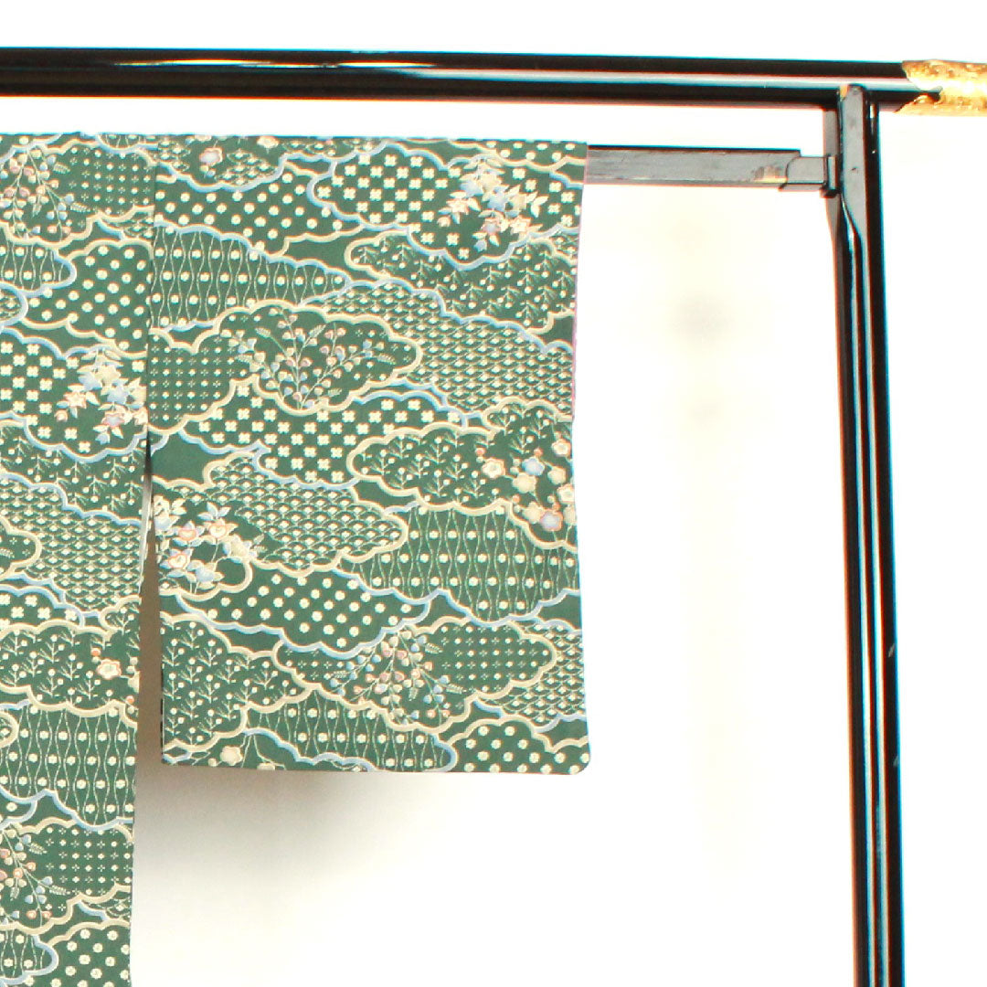 Small pattern, Length 160cm, Sleeve length 62.5cm, Awase, Light green, Washable kimono, Cloud pattern, Floral pattern, Polyester, S rank, Green, 1115002572419