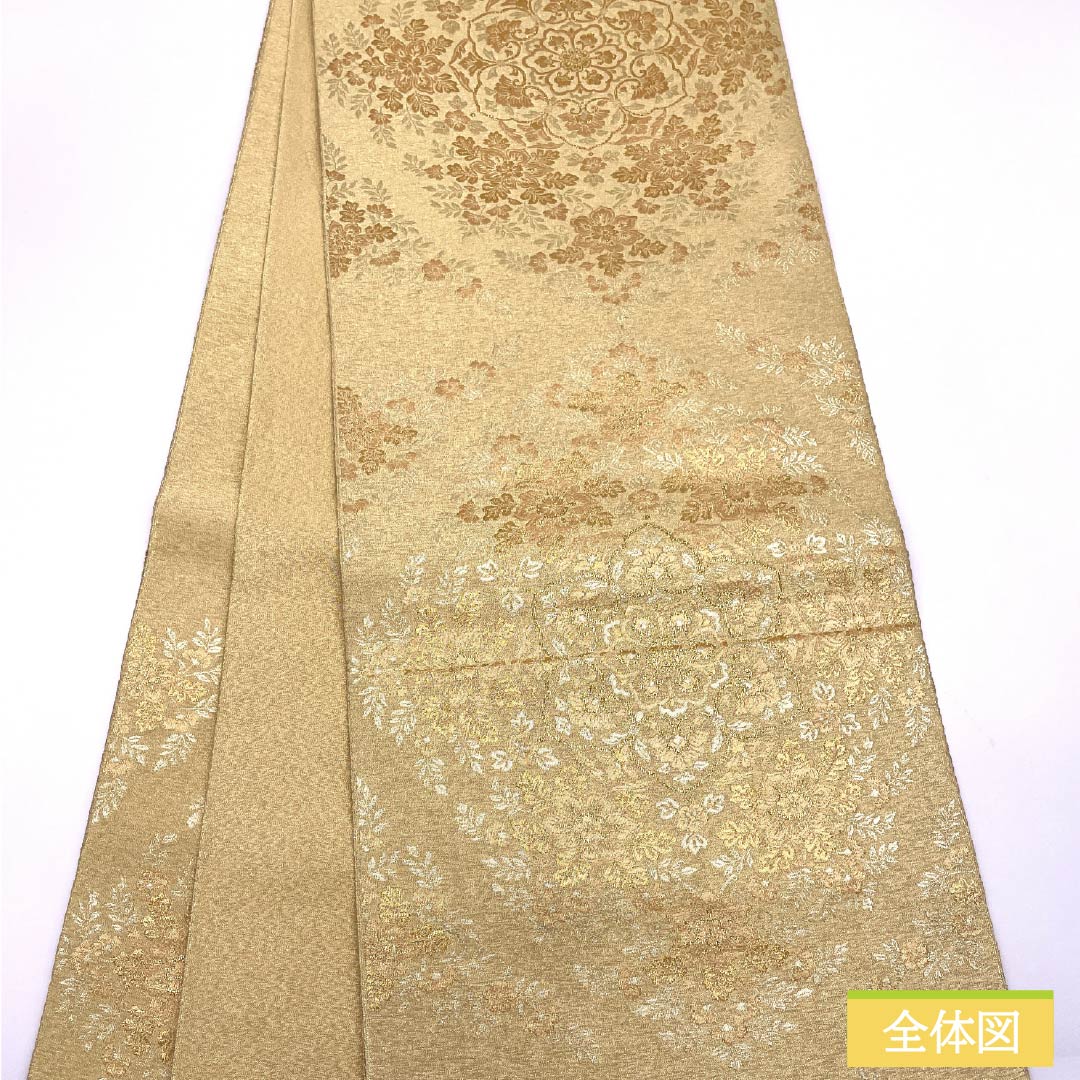 Fukuro Obi, pure silk, for Tomesode, Hosohana, floral pattern, obi length 436cm, S rank, six-pass, formal, gold, 1123013742321