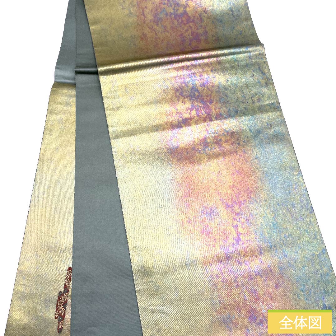 袋帯 玉虫色（たまむしいろ） 扇面 桜 蝶 帯丈438cm 正絹 Sランク ポイント柄 セミフォーマル グラデーション系 1123011082399