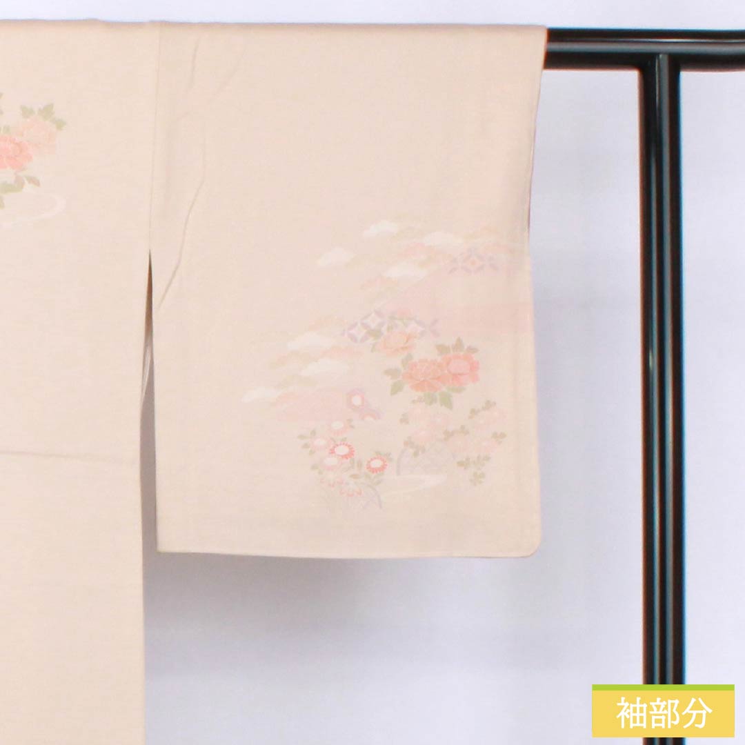 Visiting Kimono, Pure Silk, S-Rank, Lined, Length 159cm, Sleeve Length 68cm, Okina Brown (Okina-chairo), Kyoto Yuzen, Tsukesage, Suzhou Embroidery, Floating Carriage, Fan Design, Pink, Product Number: 1112006622313