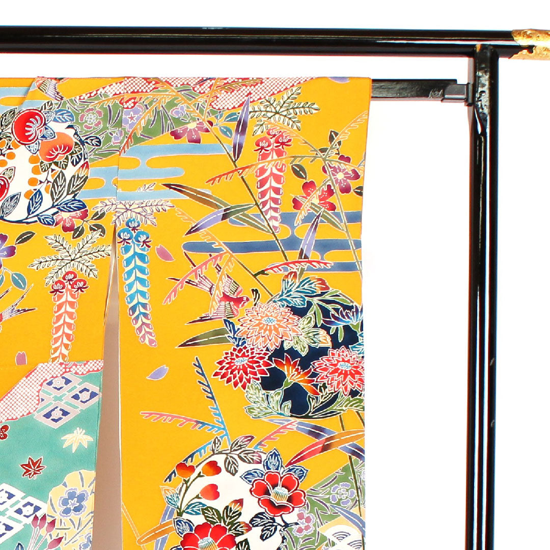 振袖 身丈157cm 裄丈65cm 袷  作家物 京紅型 櫨染色  正絹 Sランク 黄系 1113000032323