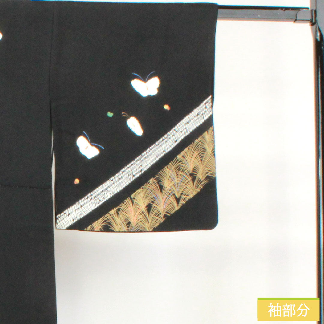 Homongi, pure silk, lined, length 157.5cm, sleeve length 63.5cm, tie-dye pattern, butterfly, A rank, black, 1112004393310
