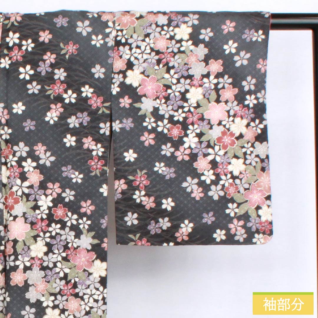 Komon (small pattern) kimono, polyester, length 164.5cm, sleeve length 63.5cm, lined, Noshimeiro (noshime-iro) pattern with dew grass and cherry blossoms, washable, S rank, gray, product number 1115006112422