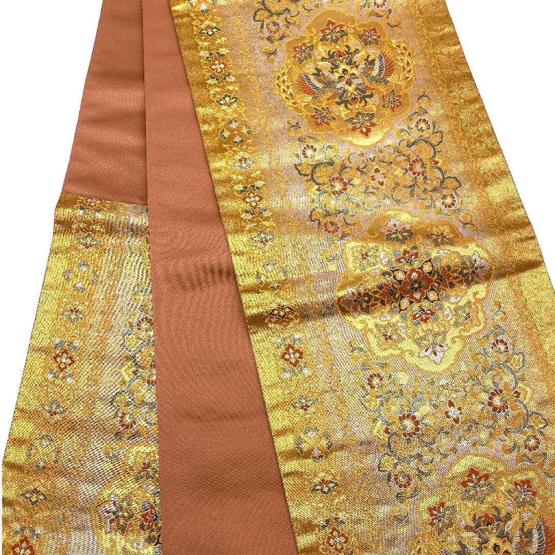 [Unfinished] Fukuro obi, genuine silk, S rank, gold, Kenjo Hōō Kamon (tribute phoenix flower crest) with chokin (metal engraving), made by Maizuru, obi length 440.5cm, rokutsu (pattern on six portions), formal, gold-toned, 1123005992321