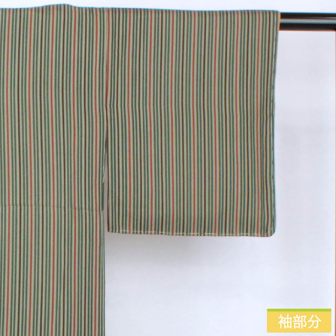 小紋 正絹 Sランク 身丈152cm 裄丈64.5cm 袷 利休鼠色（りきゅうねずみいろ） 縞 しつけ糸付き 緑系 1115007682219