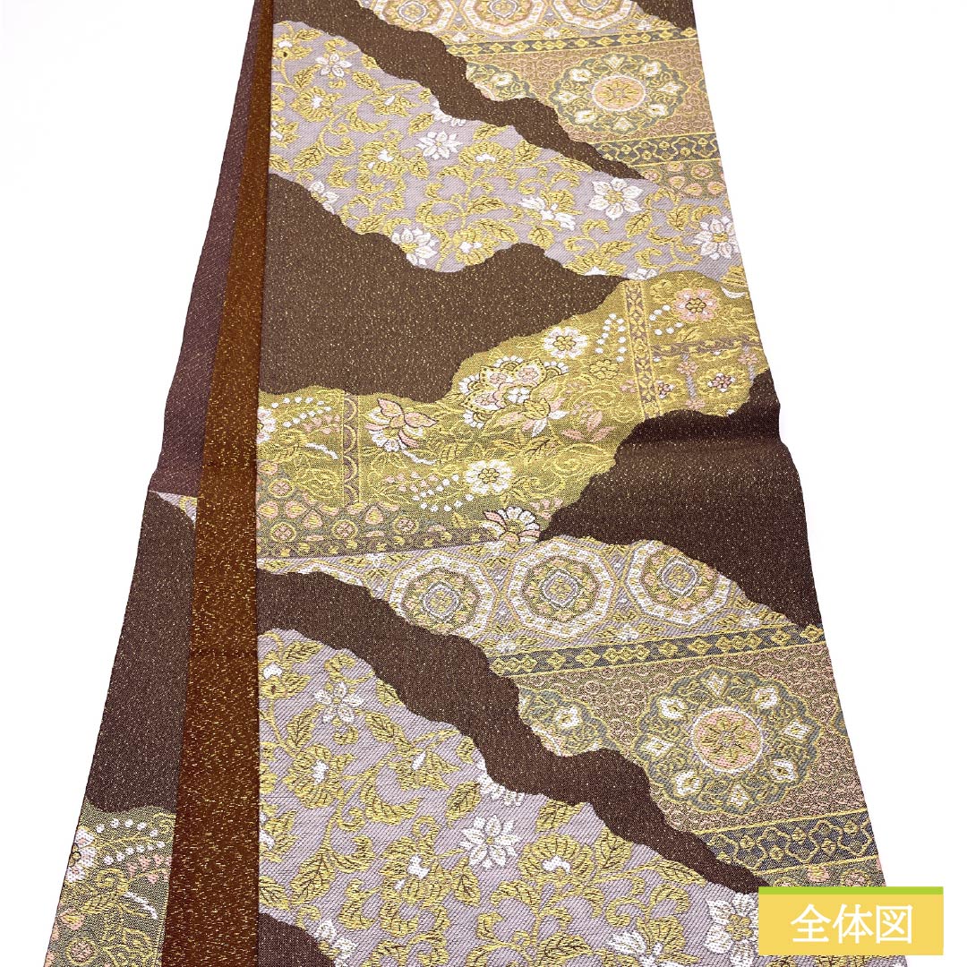 Fukuro Obi (Sash) made of pure silk, iron black, for Tomesode, floral pattern, flower arabesque, obi length 430cm, S rank, six-pass, formal, brown, 1123014022314