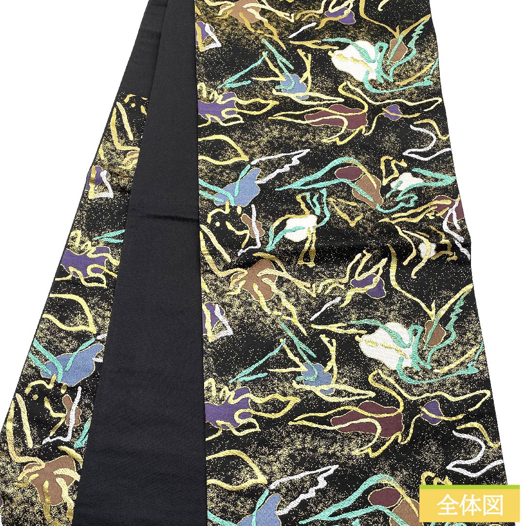 Black fukuro obi with abstract pattern, MODA CREOLE, obi length 430cm, pure silk, S rank, six-pass, semi-formal, black, 1123009912310