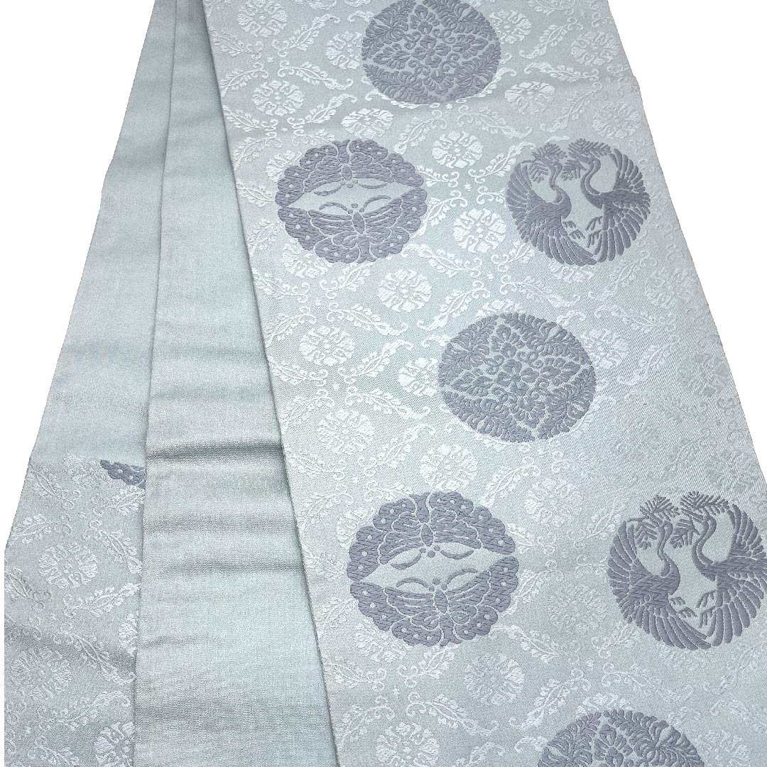 袋帯 淡水色（うすみずいろ） 王朝錦 鶴 蝶 宝相華 帯丈438cm 正絹 Aランク 六通 セミフォーマル 青系 1123008013317