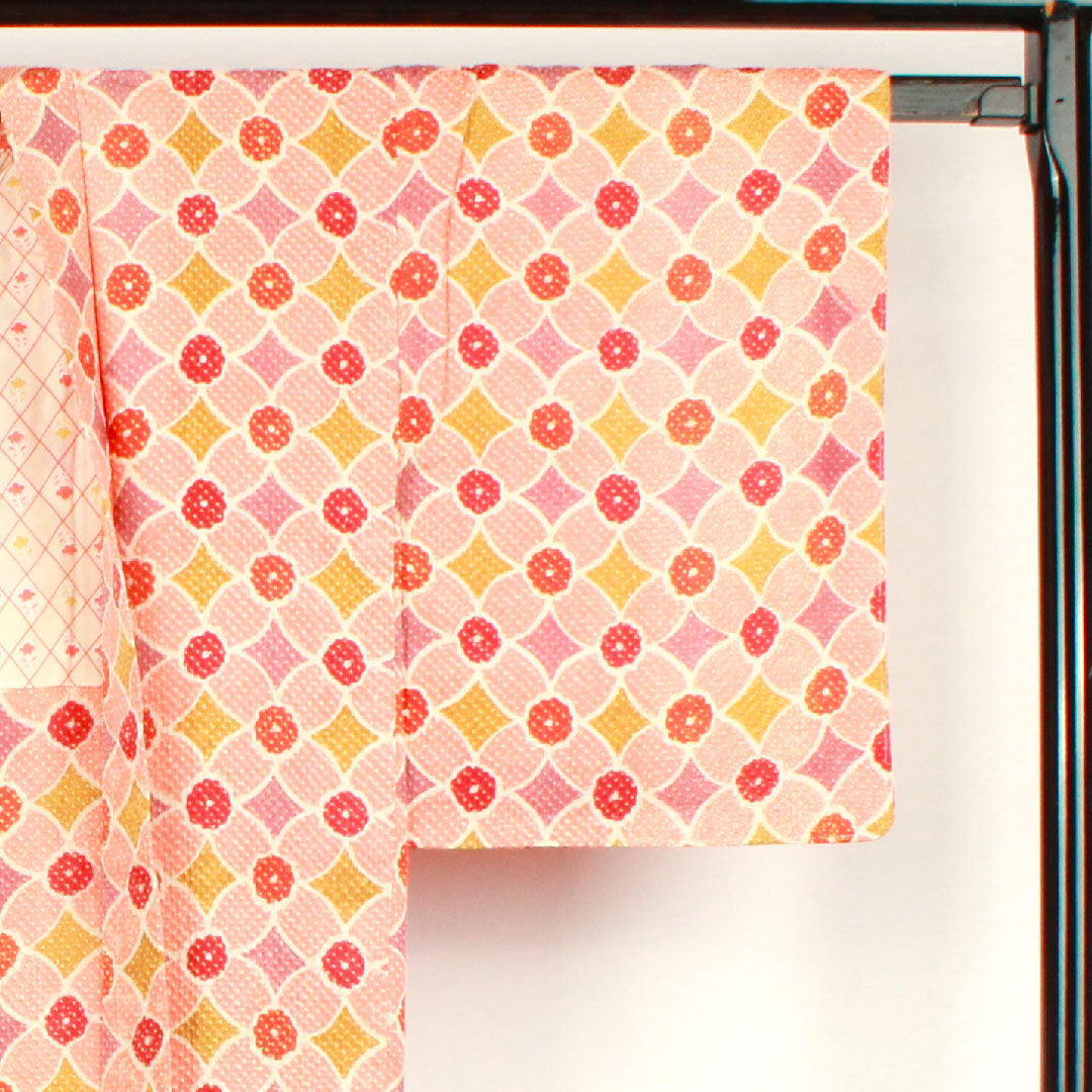 Haori, Length 82cm, Sleeve length 62.5cm, Medium crimson, Shibori, Geometric pattern, Pure silk, A rank, Lined, Pink, 1117000263913