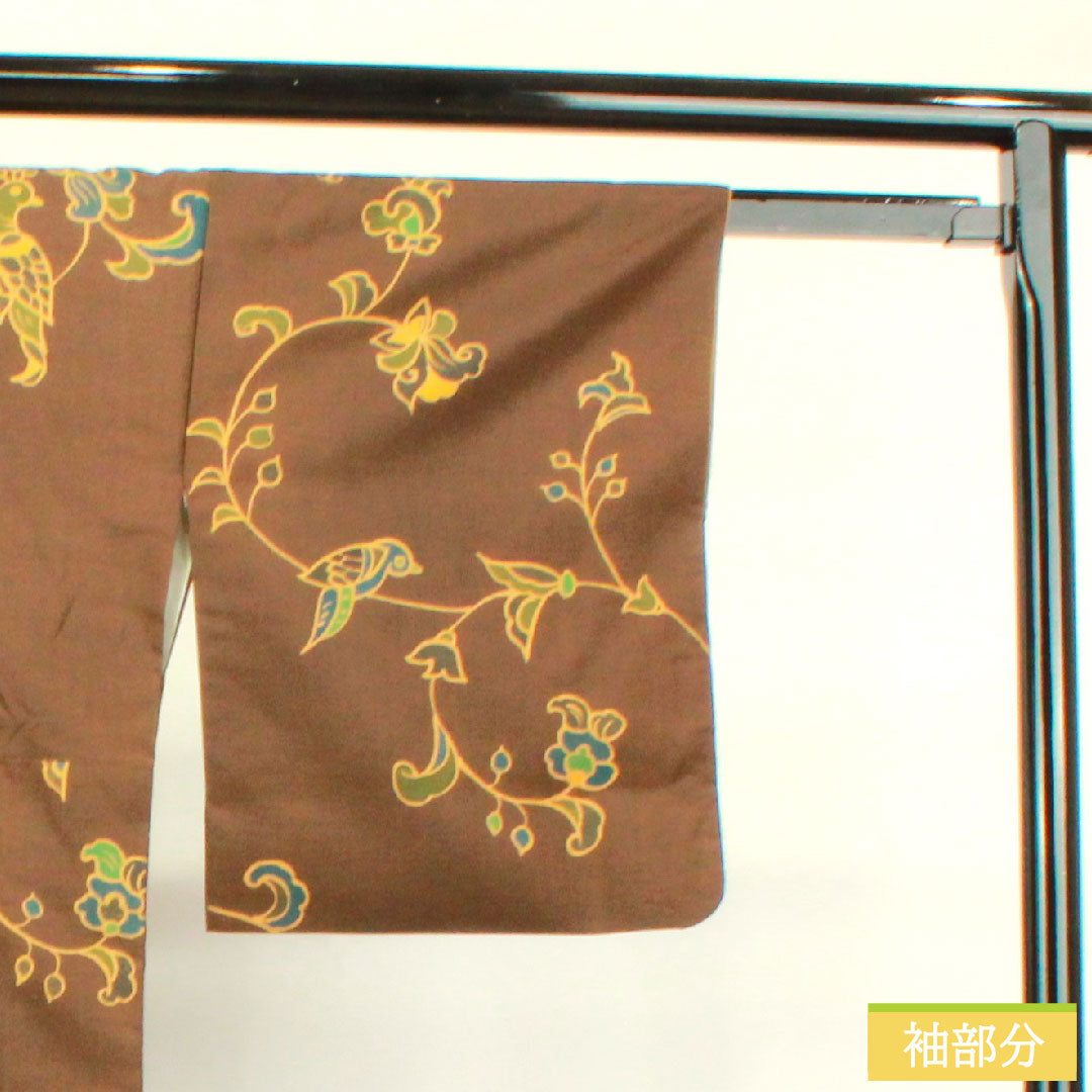 小紋 正絹 身丈162cm 裄丈64.5cm 袷  落栗色 更紗模様  Aランク 茶系 1115003863414