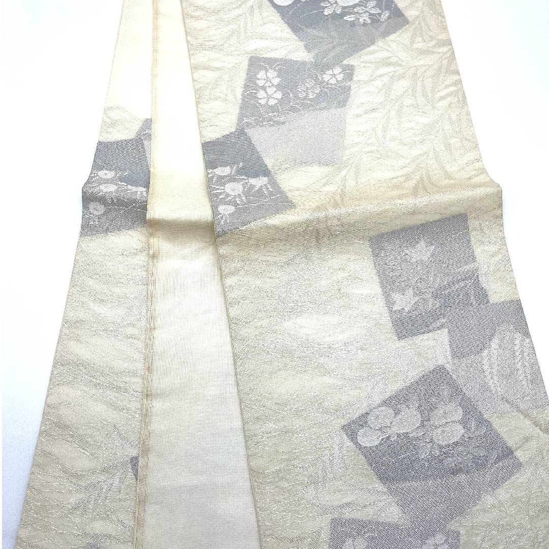 袋帯 生成り色（きなりいろ） 夏帯 桜 藤の花 夏物 帯丈422cm 正絹 Aランク 六通 フォーマル クリーム系 1123007673315