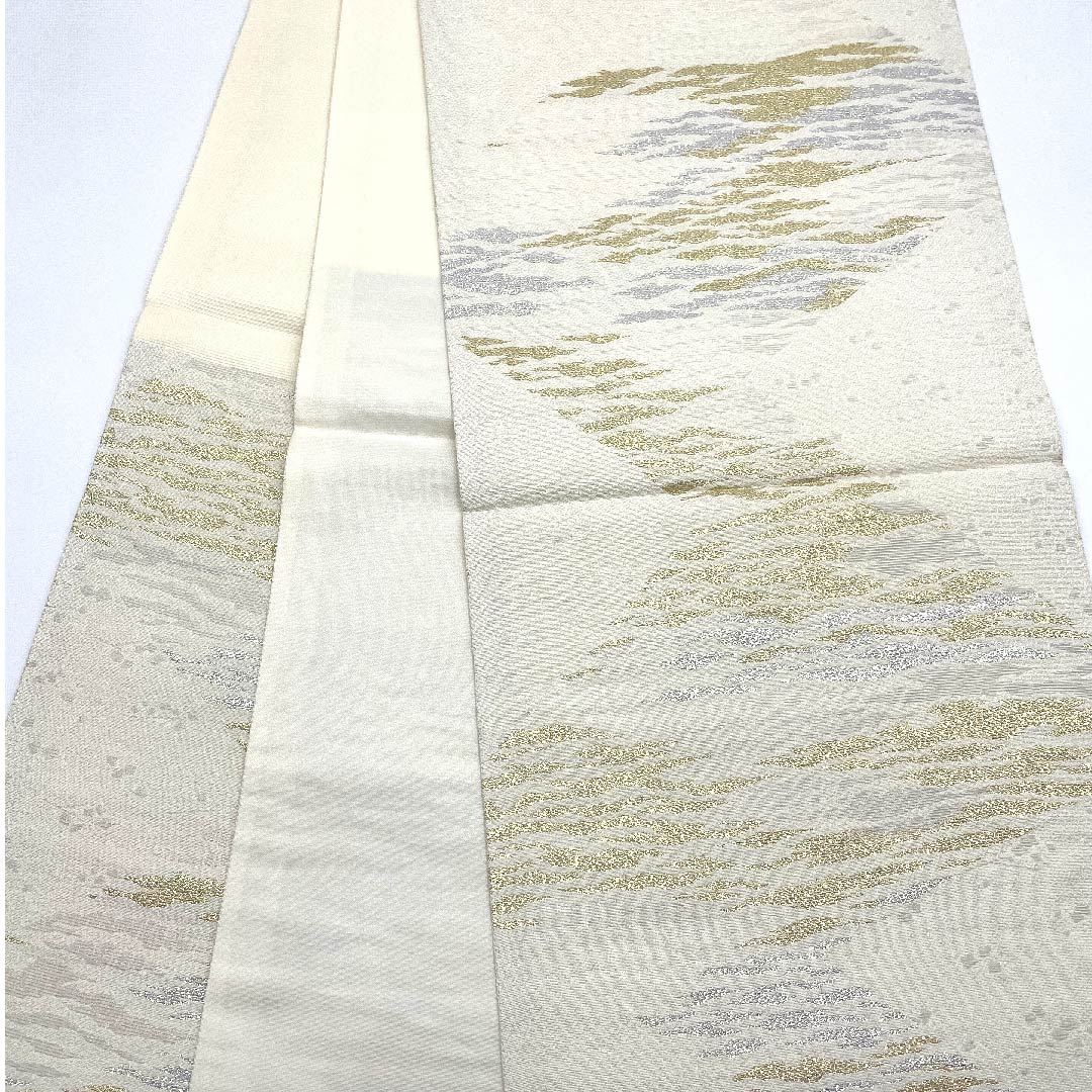【未仕立】袋帯 正絹 Sランク 白色 おしどり 佐賀錦 金駒刺繍  帯丈439cm ポイント柄 フォーマル 白系 1123006822311