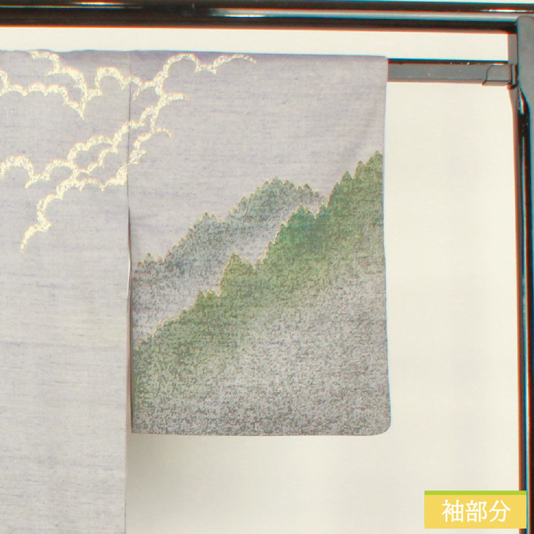 訪問着 正絹 袷 身丈162.5cm 裄丈63cm つるば鼠色（つるばねずいろ） 紬地 風景模様 金通し 作家物 Sランク 紫系 1112004572420