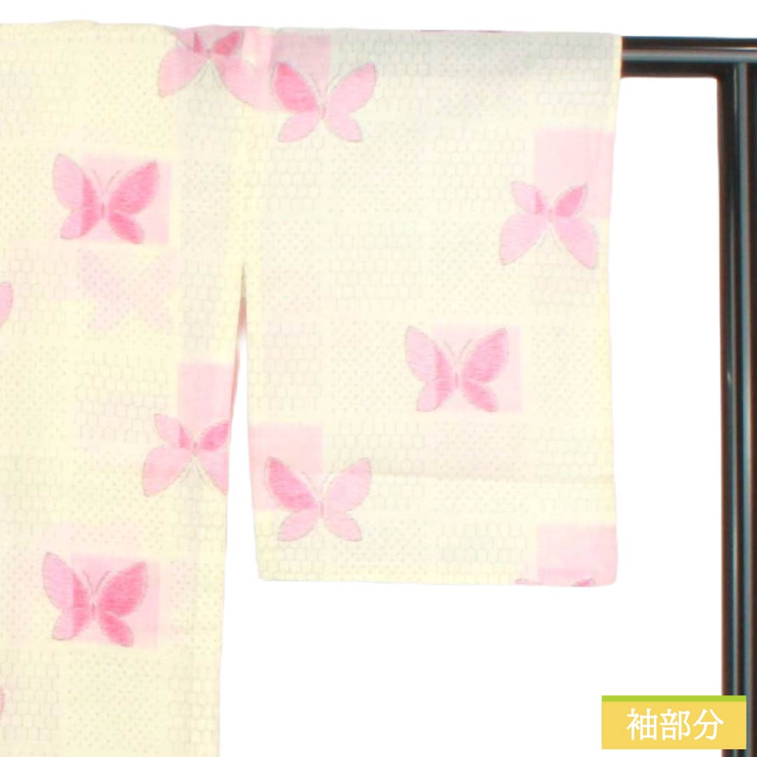 Summer cotton Tsumugi S-rank; length 160.5cm, sleeve-to-sleeve 64cm; milky white, Ichimatsu pattern, butterflies, sheer fabric, white-based. 1132003762411