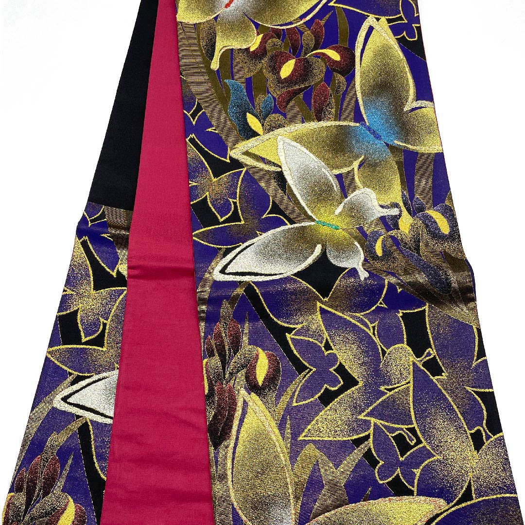 Edo Murasaki Iro (Edo Murasaki Color) Fukuro Obi (Butterfly, Flower, Gold Embroidery) Length 430cm Pure Silk S Rank Six-way Formal Purple 1123007142320