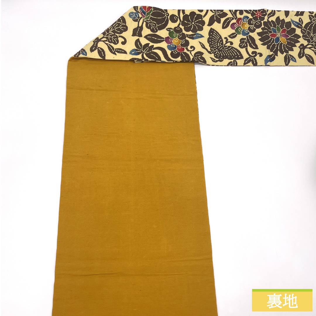 名古屋帯 正絹 Sランク 魚子黄色（ぎょしこういろ） 型染 紅型調 花模様 帯丈360cm 六通 カジュアル クリーム系 1124009672315 名古屋仕立て