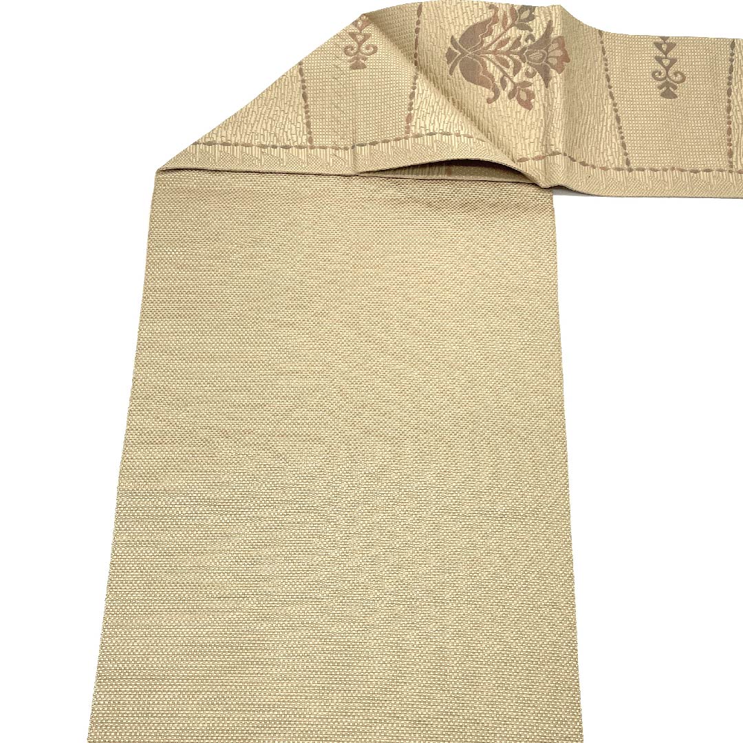 名古屋帯　尾花色　唐花　変わり市松 帯丈359cm 正絹 Sランク 六通 カジュアル ベージュ系 1124005132325  名古屋仕立て
