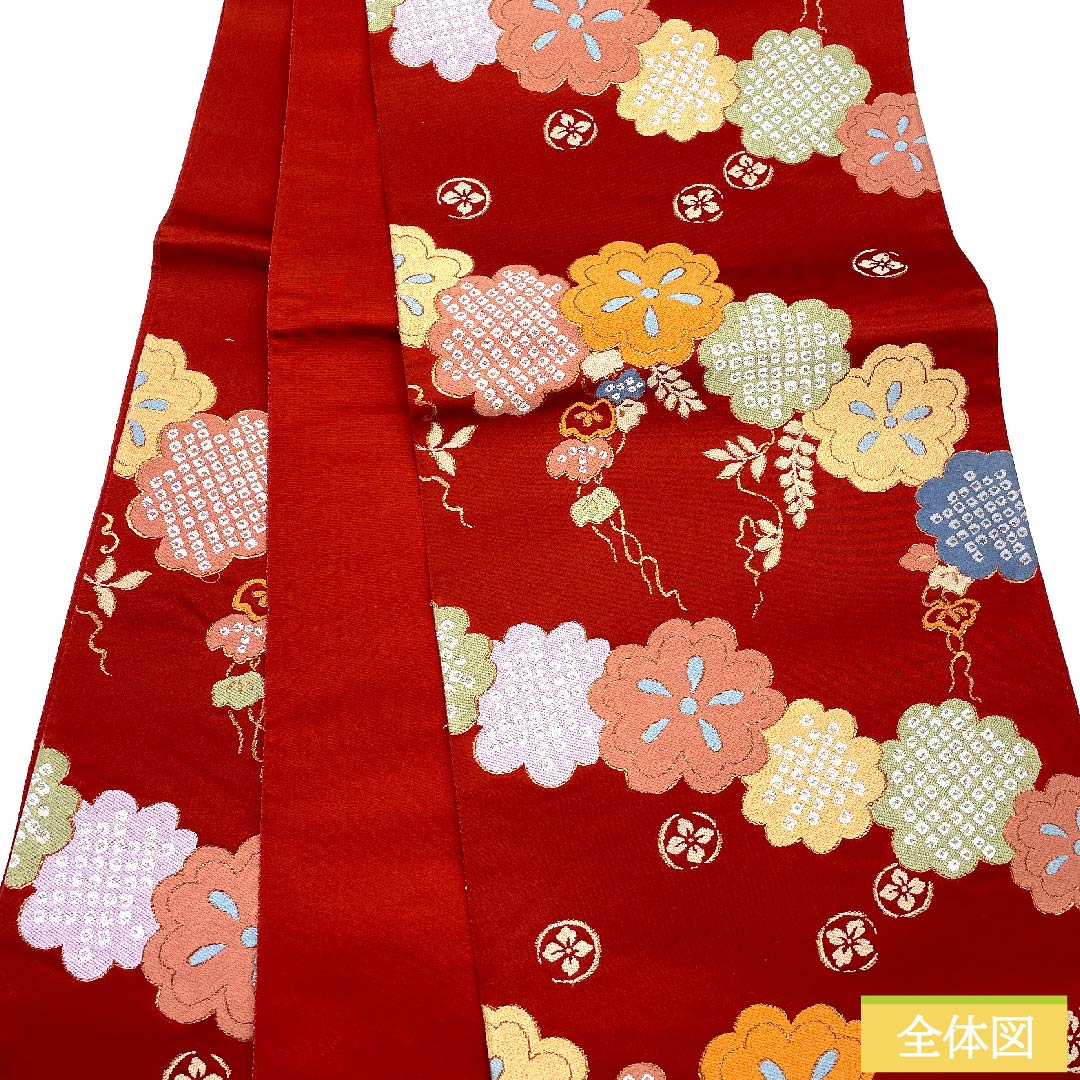 Fukuro Obi (Bag) in Red Silk (Momiiro) Classical Pattern, Floral Pattern, Length 434cm, Pure Silk, S Rank, Six-way, Casual, Red, 1123009682312