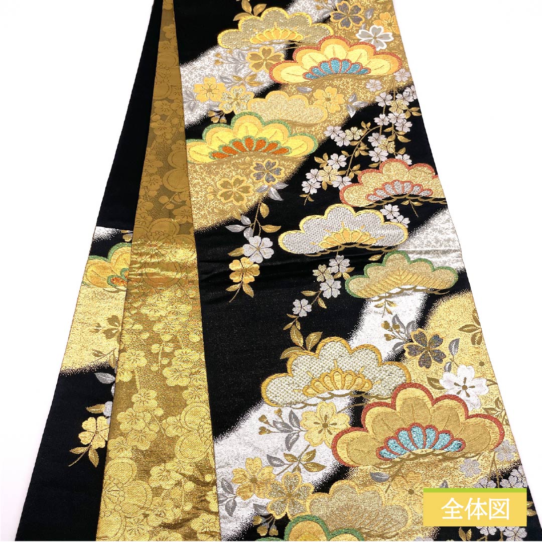 Formal black obi, pure silk, S-rank, Matsushima Orimono, cherry blossom pattern, 428cm long, six-fold hem, for furisode. Product code: 1123015752310