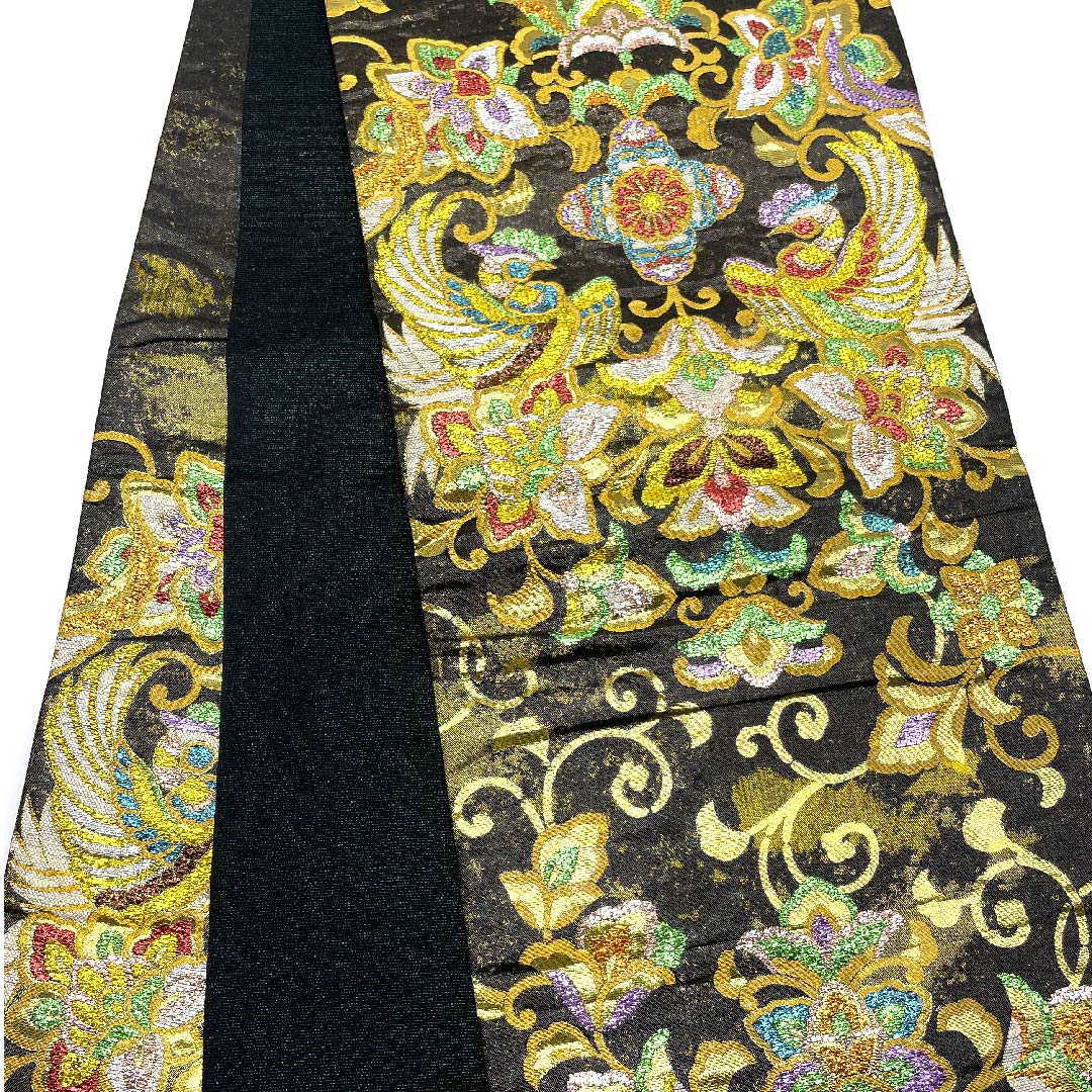 袋帯 黒色 振袖用 唐花模様 鳳凰 帯丈435cm 正絹 Aランク 六通 フォーマル 黒系 1123007133310