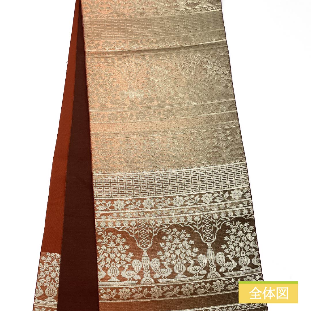 Nagoya obi, copper color (akaganeiro), Inca bird, obi length 360cm, pure silk, S rank, six-pass, casual, brown, 1124007432314, open style