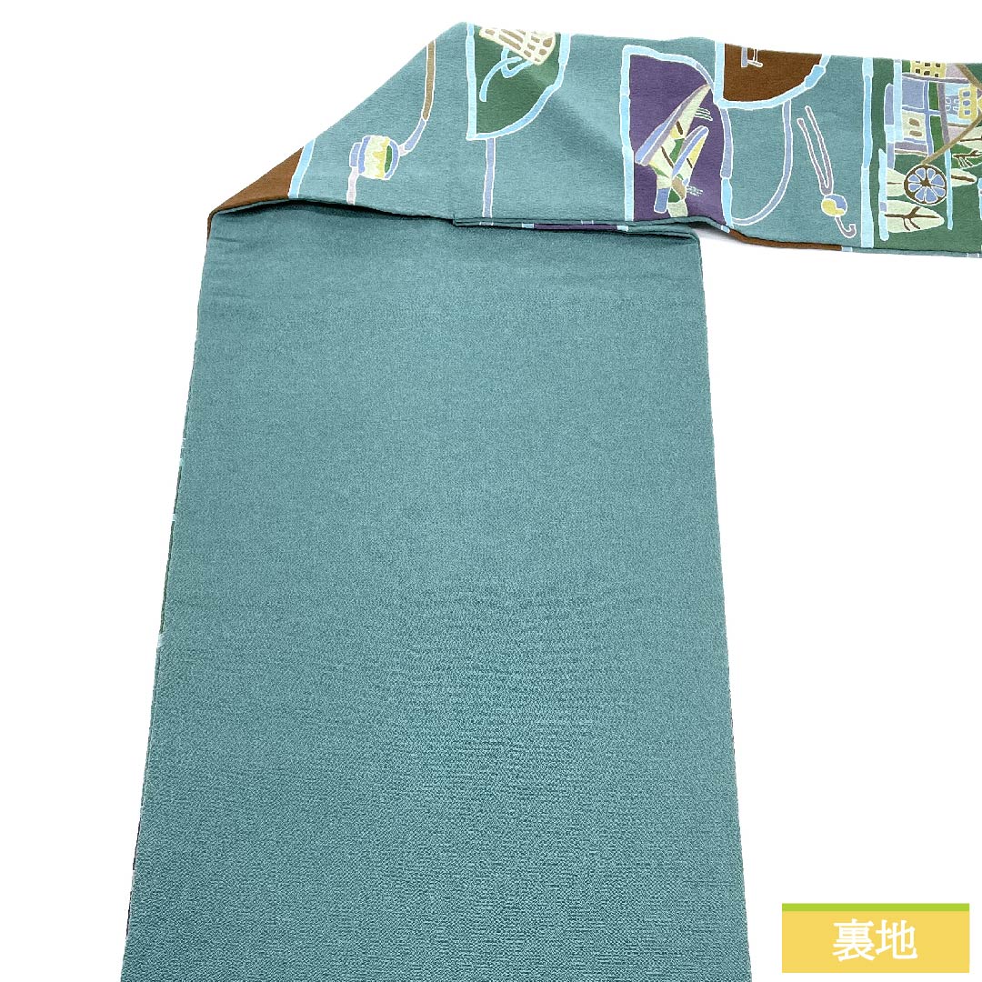 Nagoya obi, indigo blue, crepe fabric, dyed obi, landscape pattern, obi length 369.5cm, pure silk, S rank, full length, casual, green, 1124006092319, Nagoya style