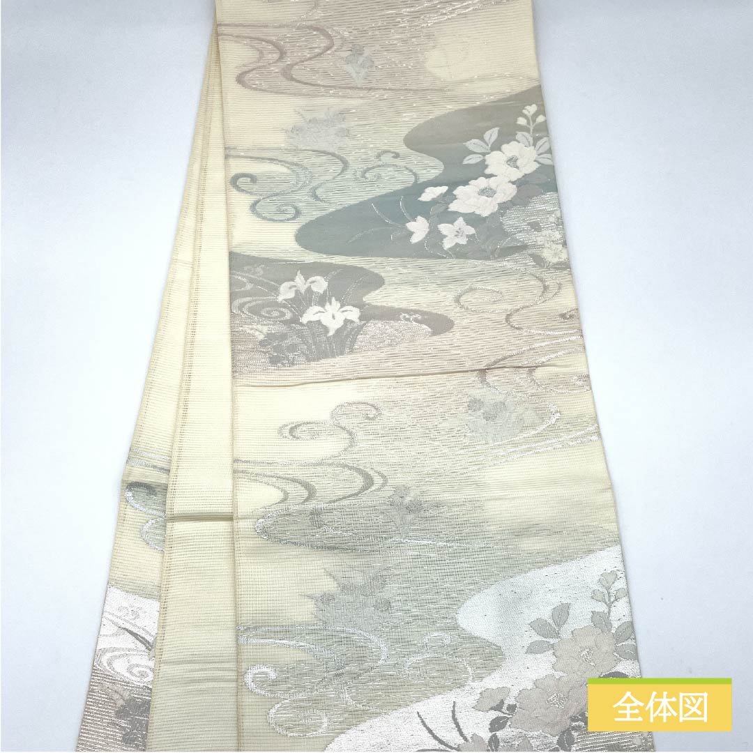Fukuro Obi (sash), pure silk, A-grade, off-white, summer obi with a gold leaf pattern and flowing water design, hazy, 440cm long, six-pass, semi-formal, white, 1123015103311