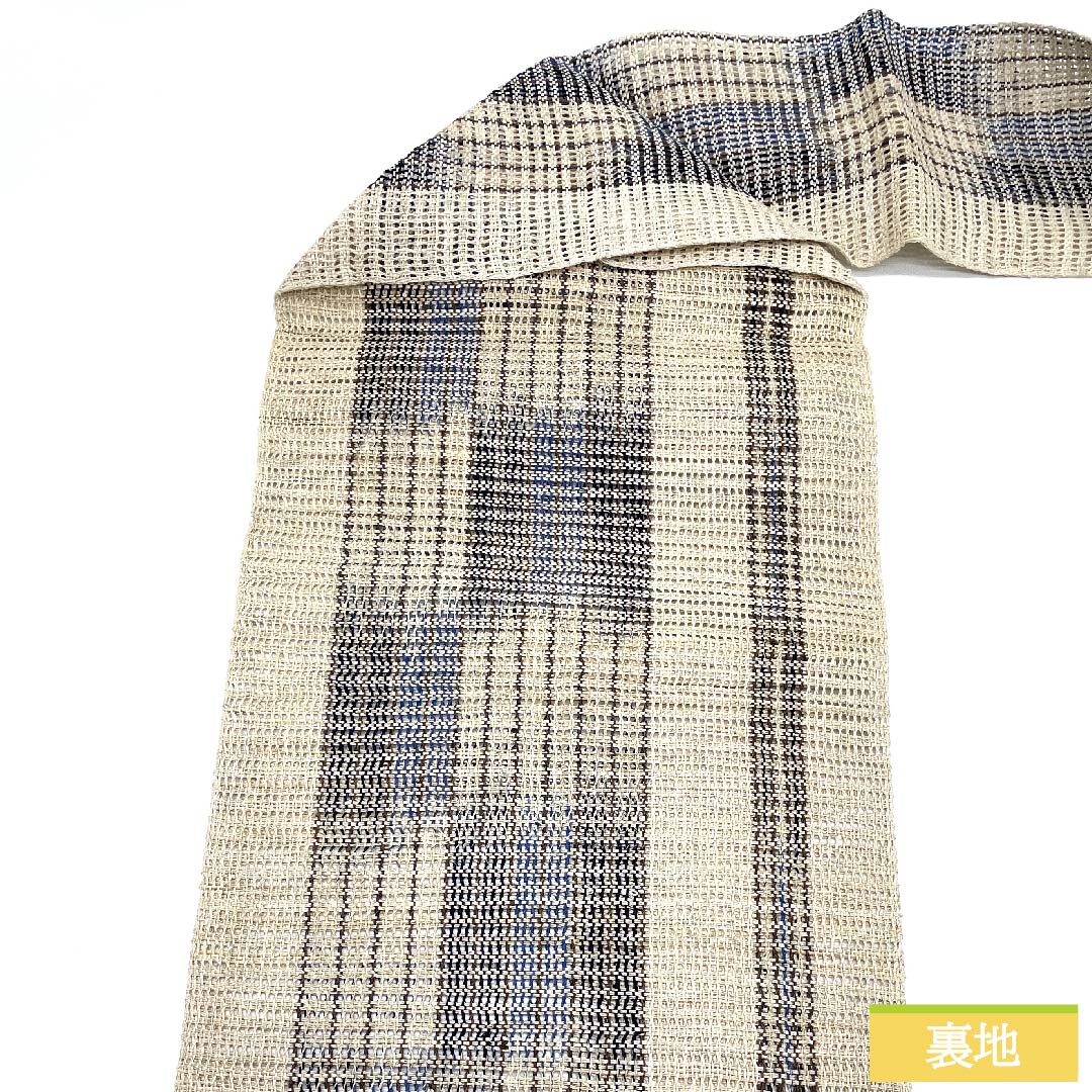 Nagoya obi, Torinoko color, checkered pattern, stripes, obi length 404cm, pure silk, S rank, full length, casual, beige, 1124005942325, Nagoya style