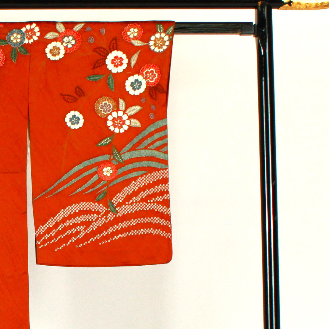 Homongi, lined, length 158cm, sleeve length 64cm, tie-dyed, floral pattern, pure silk, B rank, brown, 1112001044314