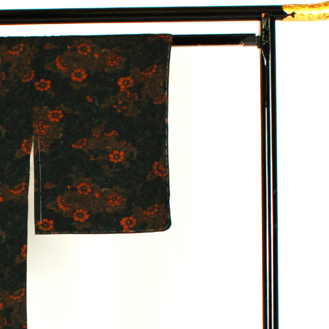 Komon, Length 164.5cm, Sleeve length 65cm, Awase, Hand-woven pongee, Flower pattern, Pure silk, S rank, Green, 1115000562419