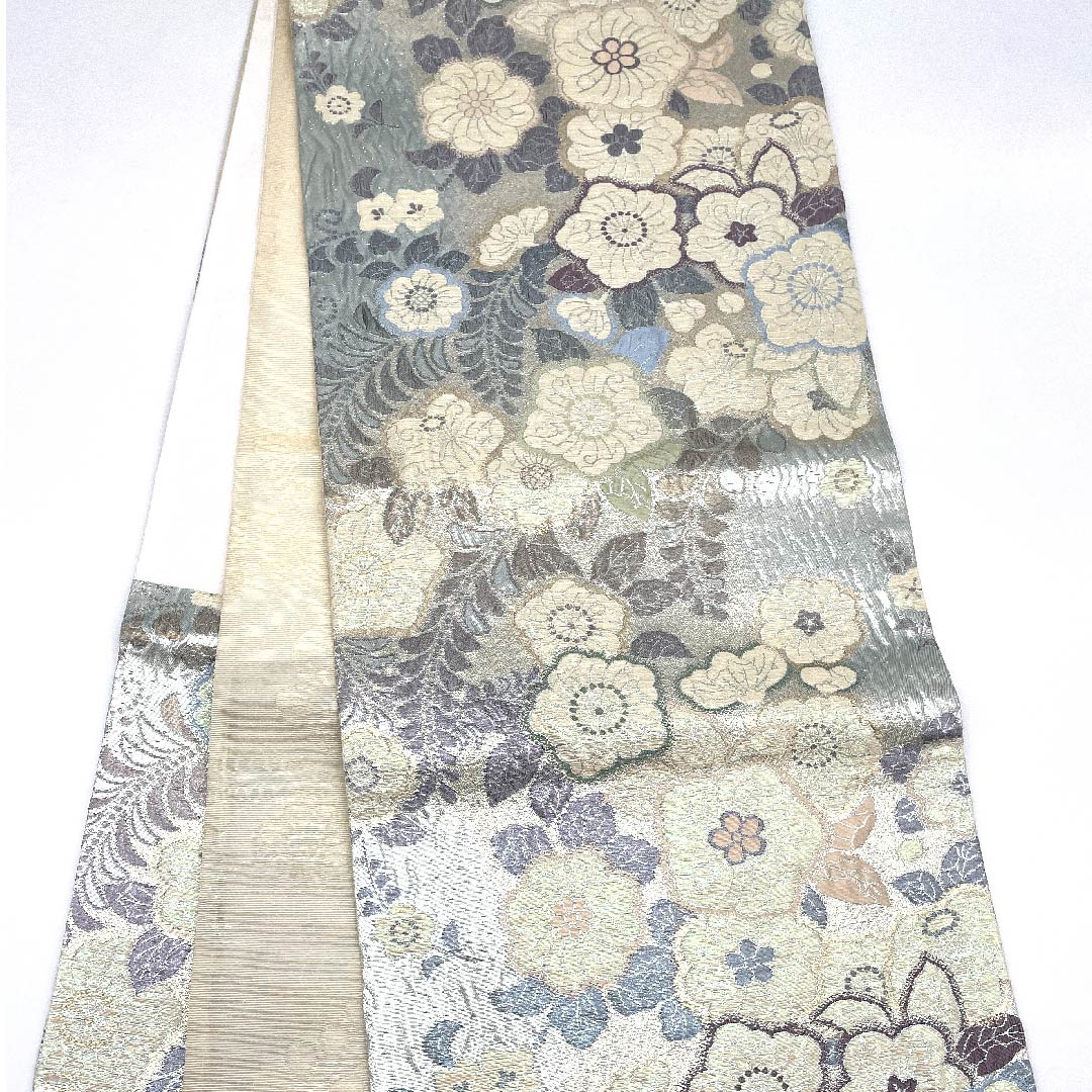 袋帯 藍白色（あいじろいろ） 辻ヶ花 帯丈443cm 正絹 Sランク 六通 セミフォーマル 銀系 1123009402322