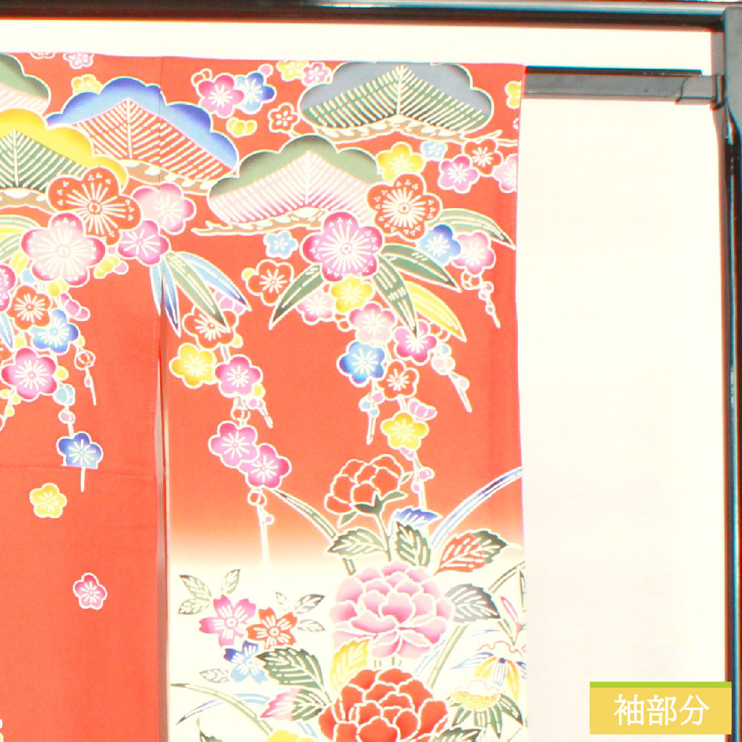 Furisode (long-sleeved kimono) made of pure silk, length 162.5cm, sleeve length 63.5cm, lined, silver-vermilion, Kyoto Bingata, auspicious motif, S rank, vermilion, 1113002112416