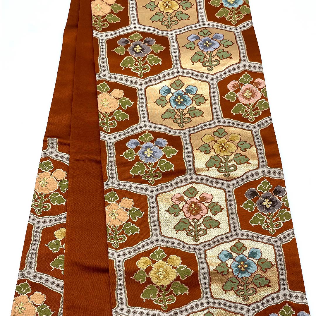 袋帯 猩々茶色（しょうじょうちゃいろ） 花模様 亀甲 白綾苑大庭 帯丈420cm 正絹 Aランク 六通 フォーマル 橙系 1123008893326