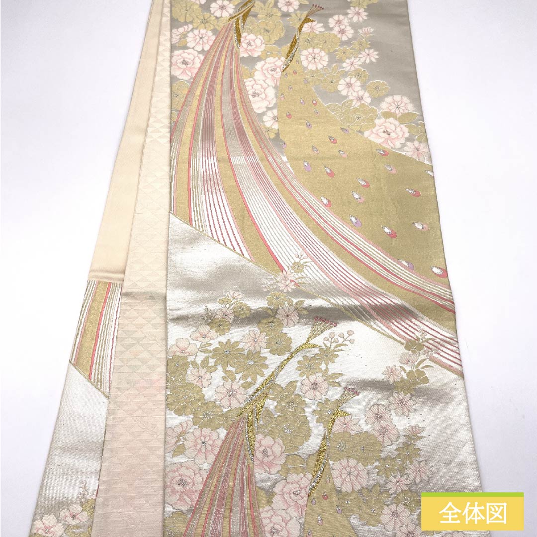 Pure silk fukuro obi for furisode, peacock and flower pattern, obi length 442cm, S rank, six-way, formal, silver, 1123013972322