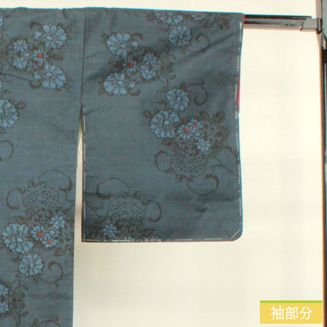 Tsumugi, pure silk, length 162.5cm, sleeve length 64cm, flower pattern, A rank, lined, navy blue, 1116003303418