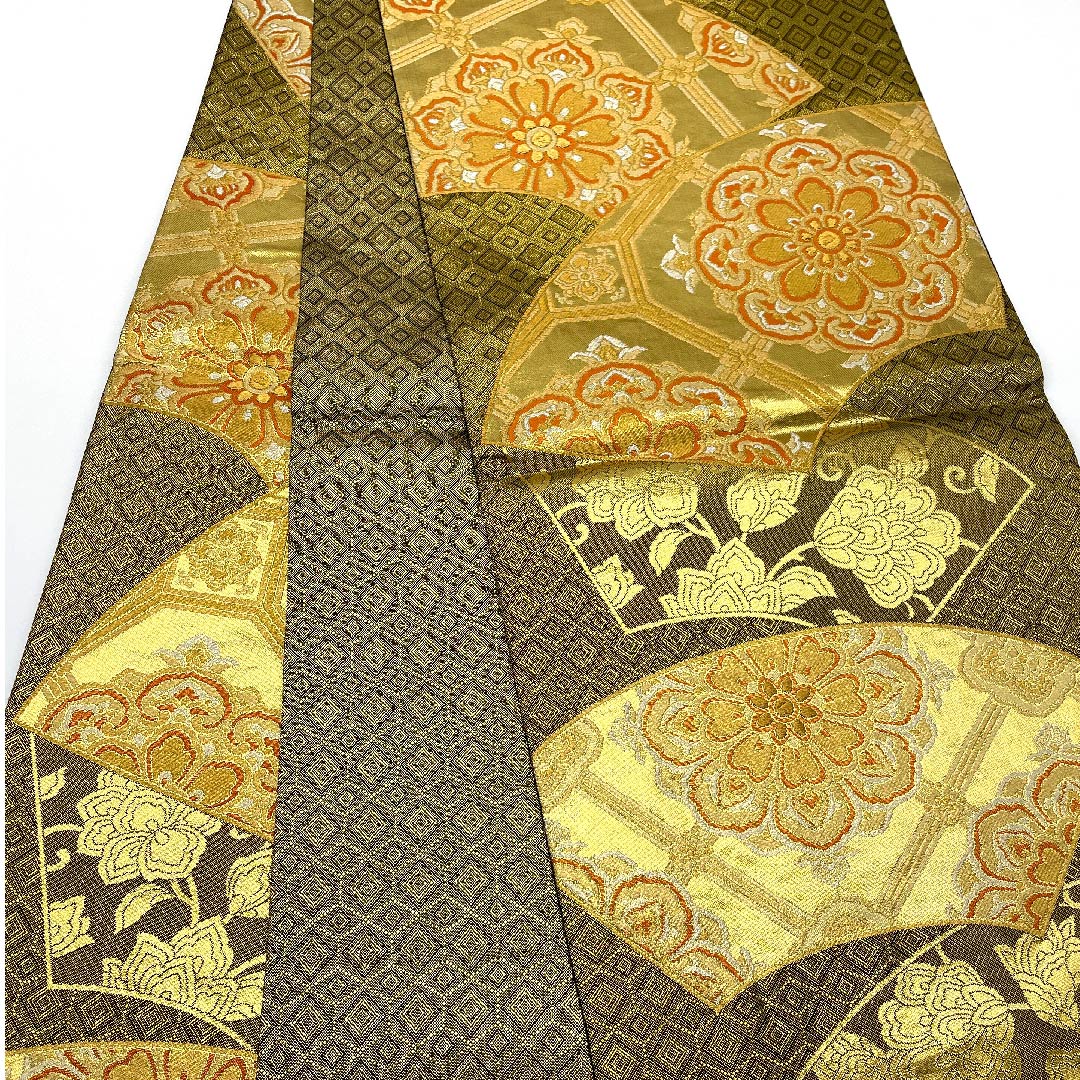 Fukuro-obi (sash), gold, pure gold leaf, full-length, ground paper, Shukko flower pattern, fan-shaped, obi length 438cm, pure silk, A rank, full-length, formal, gold-based, 1123006633321