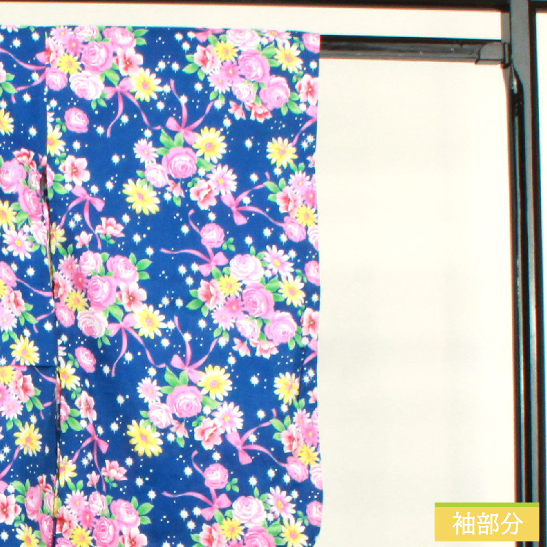 Yukata Cotton Length 107.5cm Sleeve length 56.5cm S rank Single layer Navy blue Lapis lazuli color Shoulder raising included Body raising included Floral pattern 1118005022118