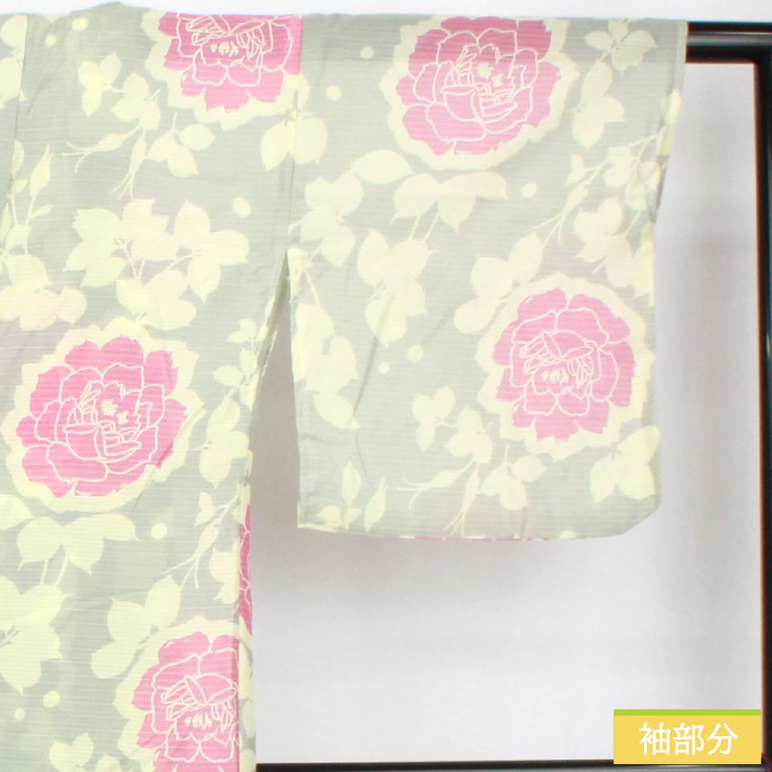 (Brand new, unused) Yukata (casual kimono) made of polyester, length 162.5cm, sleeve length 66.5cm, new rank, single layer, grayish-gray, light ink color (usuzumiiro), floral print, buttons, product number 1118005701422