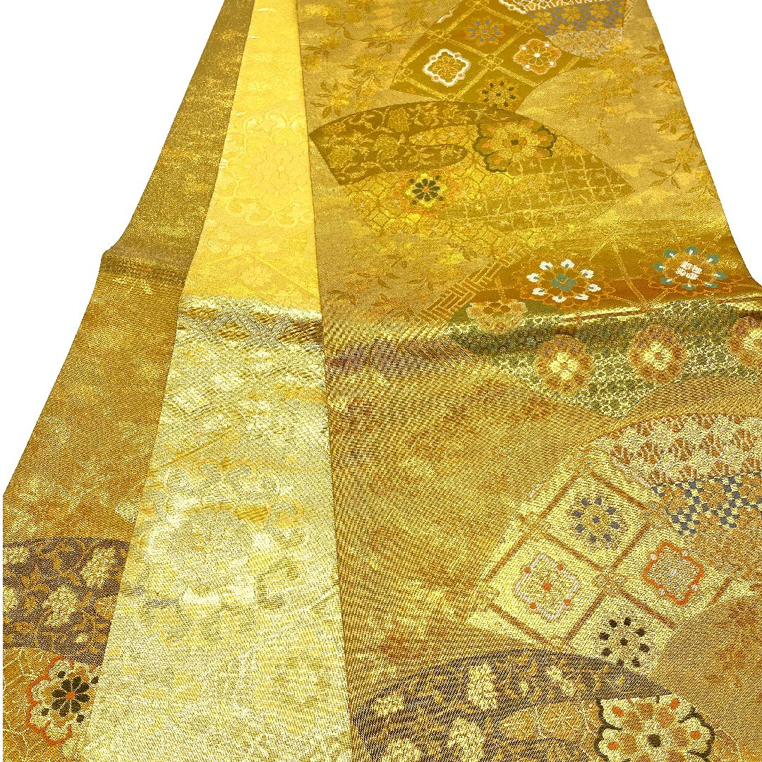 袋帯 金色 正倉院文様 宝相華 扇面 帯丈438cm 正絹 Aランク 六通 フォーマル 金系 1123002863321