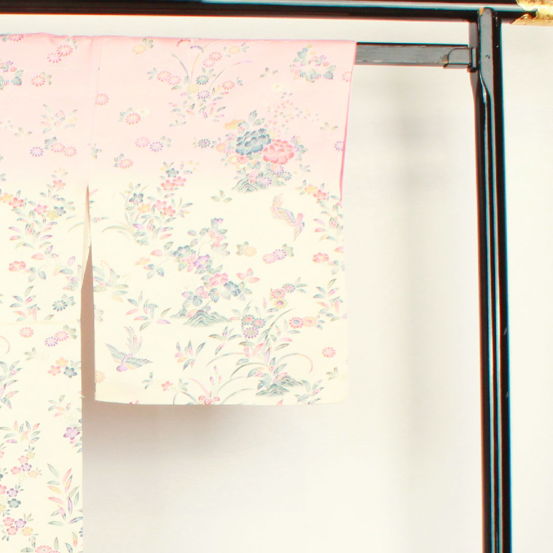 Homongi, lined, length 162.5cm, sleeve length 65cm, single layer plum color, Kyoto Yuzen, floral pattern, pure silk, S rank, pink, 1112001922413