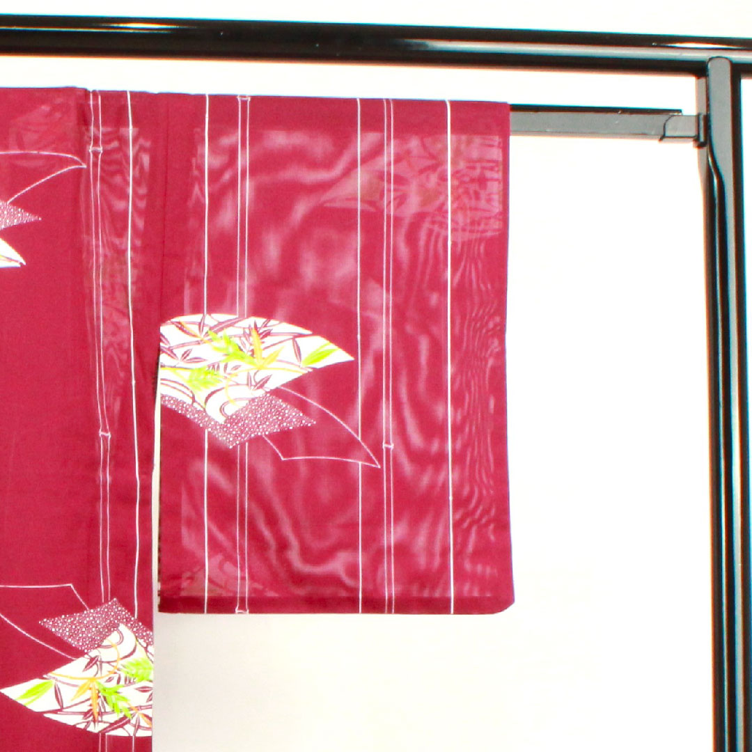 Summer kimono, polyester, small pattern, length 160.5cm, sleeve length 64cm, tsubosumireiro (purple), bamboo, fan surface, washable kimono, silk, S rank, purple, 1132001422420